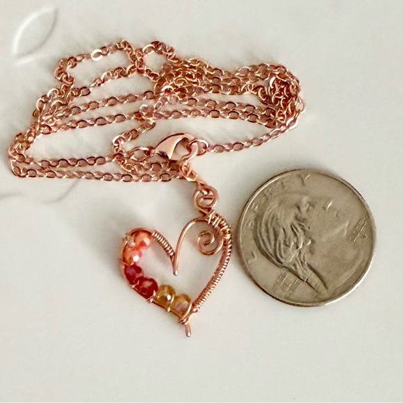 Handmade Jewelry - Wire-Wrapped Rose Gold Heart Pendant Necklace with Pink Ombré Crystal Accents